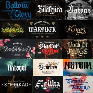 May include: A collection of various blackletter fonts, each with unique designs and names. The fonts feature ornate lettering styles, with some incorporating floral or decorative elements. The color palette includes black, white, red, and blue.