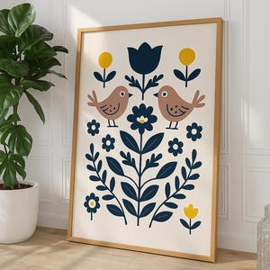 Stampa murale di uccelli in stile folk, decorazione naturalistica scandinava, poster di uccelli floreali nordici, arte rustica boho per la casa, opera d'arte digitale scaricabile