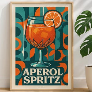 Póster de cóctel retro, arte mural de Aperol Spritz, decoración moderna de mediados de siglo, impresión de cocina moderna, carrito de bar imprimible, descarga digital