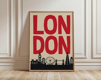 London Skyline Wall Art, United Kingdom City Print, Modern London Poster, Big Ben Tower Bridge Decor, UK Travel Gift, Red Typography Art