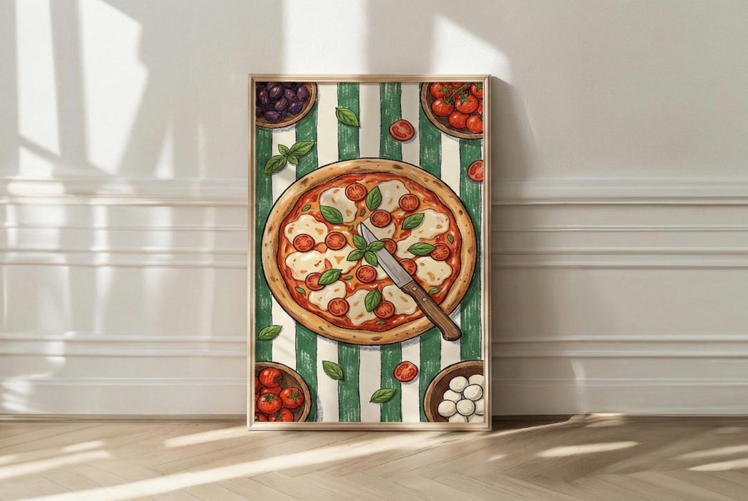 Margherita Pizza Print, Italian Kitchen Wall Art, Retro Food Poster ...