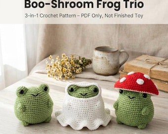 Patrón de ganchillo para trío de ranas seta y boo-shroom – Amigurumi Rana fantasma, gorro de seta (PDF)
