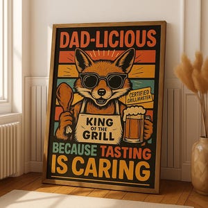 Dad-Licious BBQ Wall Art, Funny Fox Grill Poster, King of the Grill Decor, Retro Father&#39;s Day Gift, Digital Kitchen Print Download