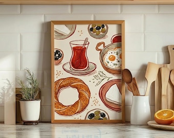 Turkish Breakfast Art Print, Tea and Simit Food Illustration (Digital Download)