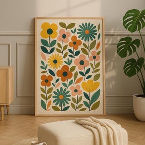 Mid Century Flower Print, Retro Floral Wall Art, Scandinavian Botanical Poster, Colorful Digital Download, Boho Home Decor