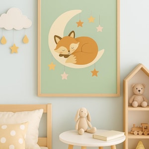 Wald Kinderzimmer Wand Kunst Digitaler Download, Sleepy Fox Mond und Sterne Druck, Skandinavischen Baby Zimmer Dekor, Gender Neutral Tier Poster