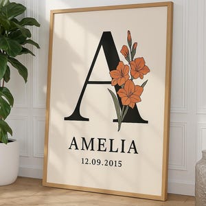 Benutzerdefinierte Blumen Buchstabe Wandkunst mit personalisiertem Namen und Datum, botanisches Monogramm Baby Mädchen Kinderzimmer Druck, digitales Geburtsgeschenk Plakat