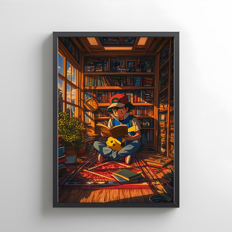Ash and Pikachu in a Vintage Pokémon Library - Manga Anime Gift Digital ...