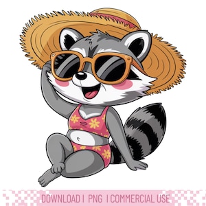 Uroczy letni szopek Clipart – Cartoon Beach Animal PNG - Szopek opalający się