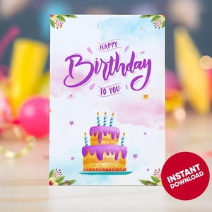 Cartão de aniversário em aquarela para impressão Bolo de feliz aniversário para download instantâneo Cartão digital para desejos de aniversário Desejo para ela Desejo para ele
