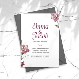 Modello di invito di nozze floreale, elegante, modificabile, carta bordeaux, invito di nozze stampabile, design moderno e minimale, download immediato