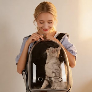 May include: A clear pet carrier backpack with a black interior, featuring a gray and white cat inside. The backpack has a transparent bubble window and mesh side panels. The person is wearing a blue and white striped shirt.