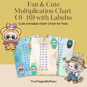 Può includere: Un divertente tabellone delle moltiplicazioni per bambini (0-10) con personaggi Labubu. Il design è colorato e accattivante, con il testo "Fun & Cute Multiplication Chart" in alto. Perfetto per rendere divertente l'apprendimento della matematica.