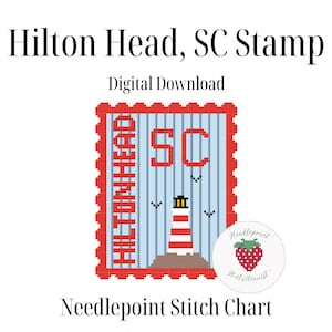 以下が含まれることがあります： 「Hilton Head, SC」の文字と灯台のピクセルデザインが特徴のデジタルニードルポイントステッチチャート。 デザインは12.7 x 12.7 cmで、「Needlepoint Stitch Chart」の文字が含まれています。