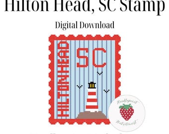 Hilton Head Needlepoint Pattern: Coastal Beach Stamp Design (PDF Download, 5x5 in, 18-count Mesh)