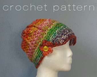 PATTERN ONLY Chunky Brim Beanie Crochet Pattern Rainbow Striped Hat Chunky Beanie with Flower