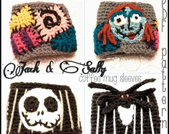 Nightmare Before Christmas ~ Jack and Sally ~ Coffee Mug Sleeves ~ Crochet Pattern ~ PDF Pattern ~ Jack Skellington Crochet ~ Sally Stitches