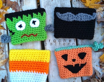 5-in-1 Halloween Crochet Pattern ~ PDF Pattern ~ Halloween Pattern ~ Crochet Cup Cozy ~ Mug Cozy ~ Frankenstein ~ Jack O Lantern ~ Mustache