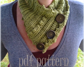 Crochet PDF Pattern Neck Cowl with Buttons ~ Button Scarf ~ Crocheted Cowl ~ Button Cowl ~ Neck Warmer ~ Sage Green Scarf