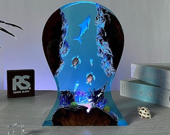 Resin Ocean Headphone Stand with LED: Handmade Desk Decor
