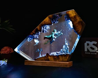 Lámpara de resina de mago volador, lámpara de fantasía hecha a mano con castillo y búho, decoración de mundo mágico, regalo para él, regalo de Navidad para niños