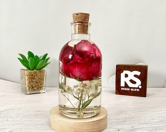 Handmade Real Rose Resin Lamp, Personalized LED Light, Wood Base