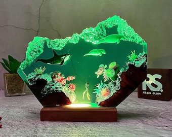 Resin Ocean Night Light: Whale, Turtle & Diver - Wood Lamp