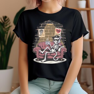 クールなスケルトン猫パパコーヒーTシャツ - 猫好き、ペットパパ、カフェインファン、オルタナティブゴシックスタイルへの父の日ギフト