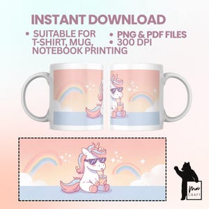 Cute Pastel Unicorn Mug Wrap Design | Instant Download PNG PDF | Rainbow Cup Sleeve Sublimation | Kawaii Cup Print 300 DPI | Gift for Child