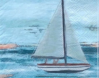 Decoupage Paper Napkin | Nautical Paper Napkin | Sailboat | Coastal Scene  | Sailing | Shell Decoupage | Nautical Themed Paper | Set Of 3