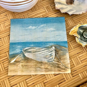 Servilleta de decoupage / Servilleta de papel náutico / Barco de remos / Servilleta de escena de playa / Decoupage de concha costera / Papel temático del océano / Juego de 3 imagen 4