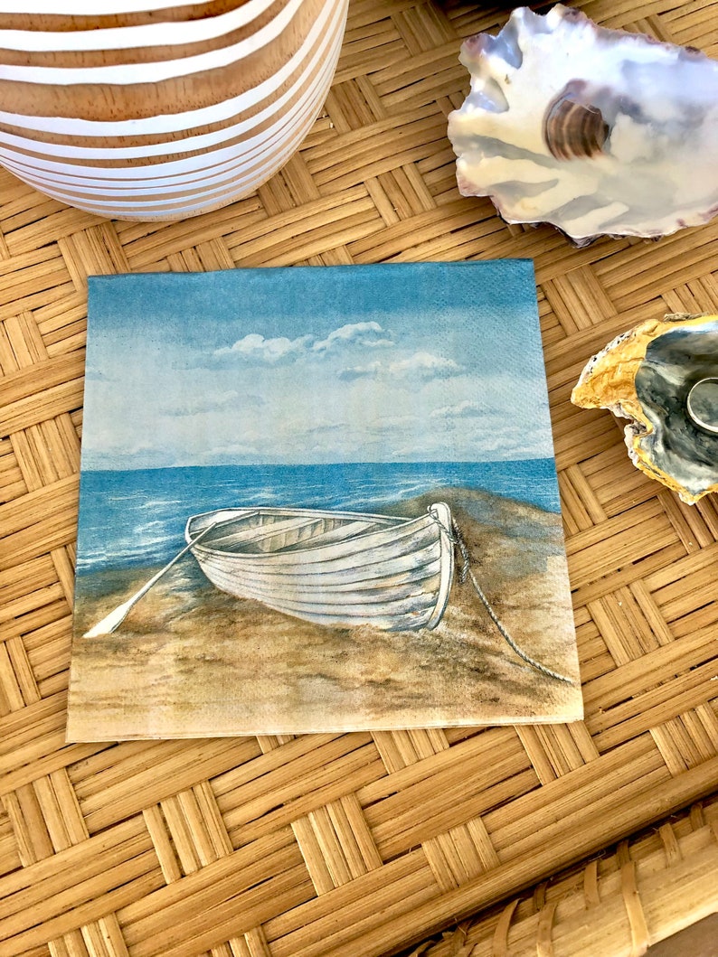 Decoupage Napkin Nautical Paper Napkin Row Boat Beach Scene Napkin Coastal Shell Decoupage Ocean Themed Paper Set Of 3 image 4