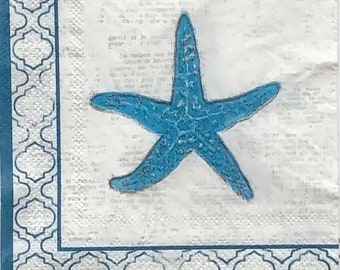 Decoupage Napkin | Teal Starfish Paper Napkin | Ocean Scrapbooking Paper | Oyster Shell Decoupage | Nautical | Ocean | Beach | Set Of 3