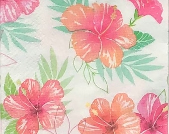 Napkin For Decoupage | Pink Hybiscus Flowers | Scrapbooking | Oyster Shell Decoupage | Tropical Floral Napkin | Crafting Paper | Set Of 3