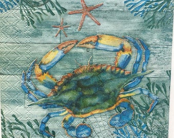 Decoupage Paper Napkin | Blue Crab Paper Napkin | Decoupage Supplies | Beach Scene Journal Paper | Coastal Starfish Napkins | Set Of 3