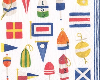 Decoupage Napkin | Nautical Paper Napkin | Buoy and Flag | Coastal Crafting Paper | Shell Decoupage | Boating And Sailing Napkin | Set Of 3