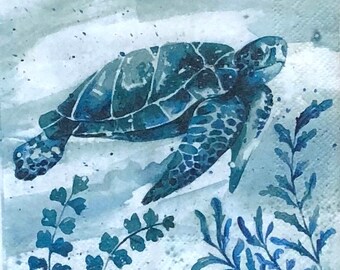 Decoupage Napkin | Nautical Paper Napkin | Sea Turtle Paper Napkin | Shell Decoupage | Ocean Themed Paper | Coastal | Sea Life | Set Of 3