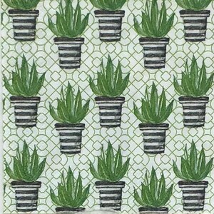 May include: A white background with a repeating pattern of green potted plants with black and white striped pots. The plants are arranged in a grid pattern.