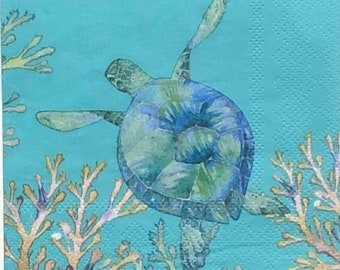 Decoupage Napkin | Sea Turtle Paper Napkin | Nautical Decoupage | Oyster Shell Decoupage | Sea Life | Coastal | Beach | Ocean | Set Of 3