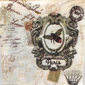 May include: A vintage-style image with a bee in a decorative frame. The frame has a gold and green color scheme and the text "Paris" is written on a banner below the frame. The background is a cream color with faded text and a stamp that says "MARSEILLE 5120m RHONE".