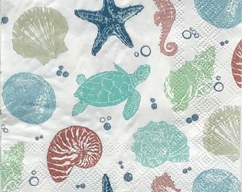 Decoupage Paper Napkin | Sea Turtle | Sea Horse | Starfish | Nautical  | Shell Decoupage | Sea Life | Coastal | Beach | Ocean | Set Of 3