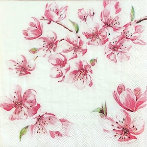 May include: White paper napkin featuring a watercolor design of pink cherry blossom branches. The blossoms have delicate pink petals and yellow stamens, with small green leaves. The napkin has a textured, patterned border.