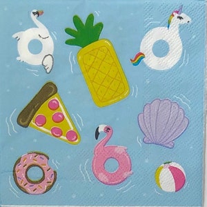 May include: A blue background with various summer-themed illustrations, including a pineapple, a pizza slice, a donut, a flamingo, a unicorn, a swan, a seashell, and a beach ball.