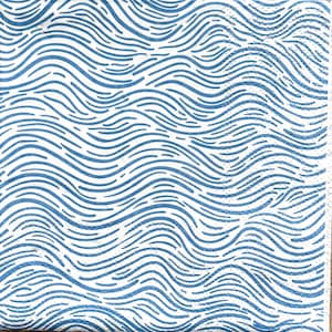May include: Square white napkin with a repeating pattern of blue wavy lines. The lines are evenly spaced and create a flowing, ocean-like design. The napkin has a slightly textured appearance.