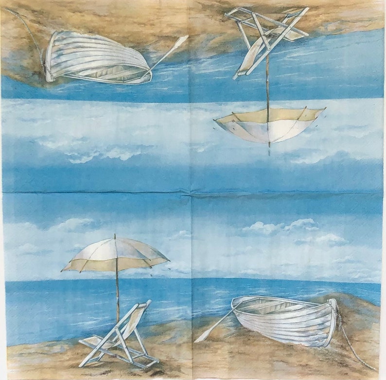 Decoupage Napkin Nautical Paper Napkin Row Boat Beach Scene Napkin Coastal Shell Decoupage Ocean Themed Paper Set Of 3 image 2