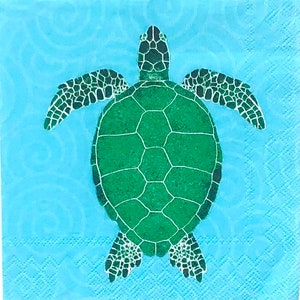 May include: A green sea turtle with a light blue background. The turtle is facing the viewer with its shell facing up.