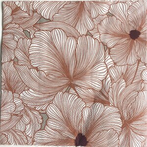 May include: A white background with a brown floral pattern. The flowers are stylized and have a delicate, intricate design.