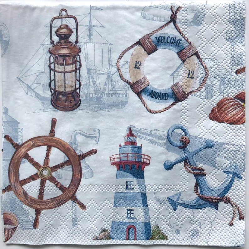 Decoupage Napkin Nautical Paper Napkin Anchor Lighthouse Etsy