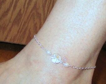 20% OFF! Sand Dollar Anklet, Ankle Bracelet, Beach Anklet, Sand Dollar Pearl Anklet, Body Jewelry, Sterling Silver or 14K Gold Fill, Holiday