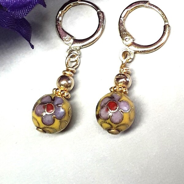 Cloisonne Earrings, Gold Hoop Earrings, Dainty Huggie Earrings, Minimalist Earrings, Dangle and Drop Earrings, Gift for Her